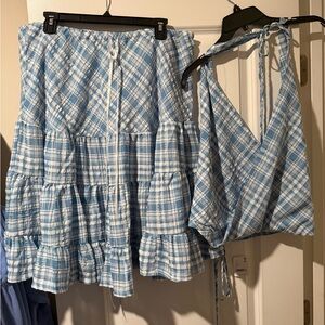 Free People Light Blue and White Plaid Tiered A-Line Skirt 🔥 Size L